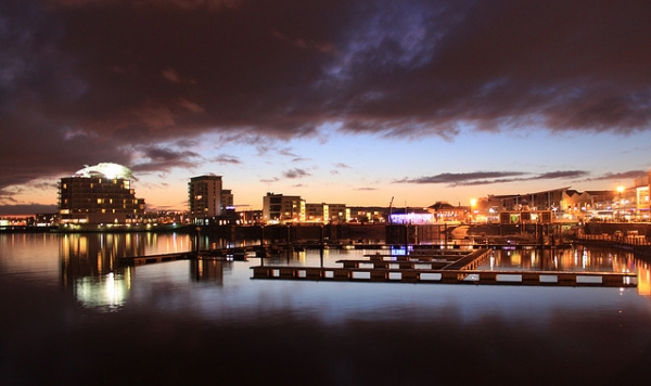 Apartments overlooking Cardiff Bay at night, copyright CC user Geraint Rowland on Twitter