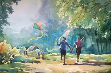 8_water_color_paintings_nostalgia_kerala_india_sunil_linus_de_flying_kites_kerala_village.jpg